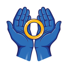Blue Cupped Hands Holding Shiny Golden Ring Vector