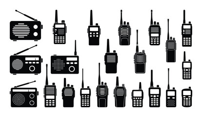 Walkie Talkies Collection, Radio Communication Devices Silhouettes, Black and White Radios Vector Illustration