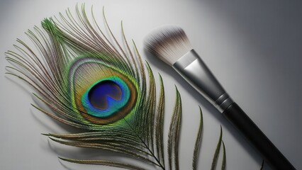 Close-up of a peacock feather and makeup brush on white background.