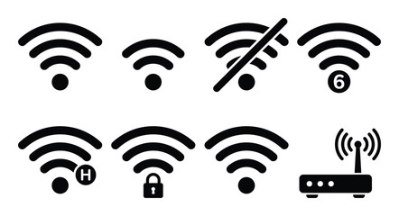 Wi-Fi Icons and Router Vector Graphics Set with Connection Status Indicators