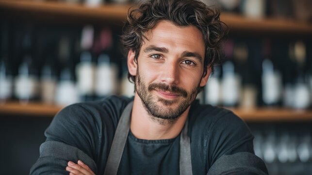 A skilled bartender stands confidently behind the bar, engaging with customers while surrounded by bottles of wine and spirits in a vibrant dining space filled with energy - Powered by Adobe