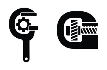 Wrench And C Clamp Icon, Mechanical Tools Silhouette, Black Design