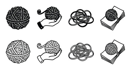 Yarn ball, string tangle graphic illustrations set, Hand holding yarn, yarn with papers in black and white