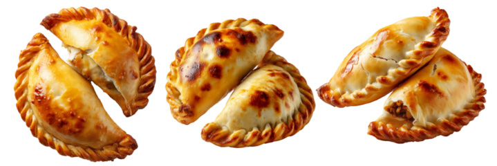 Argentina and Uruguay empanadas stacked in a pyramid, golden baked crust, meat and potato filling, isolated on white background