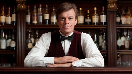 In a sophisticated tavern, a bartender leans on the polished counter, exuding charm and confidence. Vintage bottles line the shelves behind him, creating a warm and inviting atmosphere