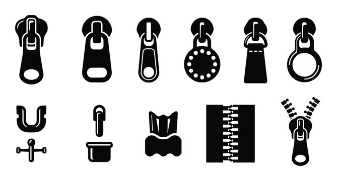 Zipper slider vector icon set. Fastener component element collection, clothing design graphic resource