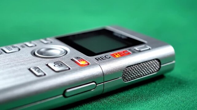 A close-up of a silver digital video recorder with a small screen and various buttons on a green background