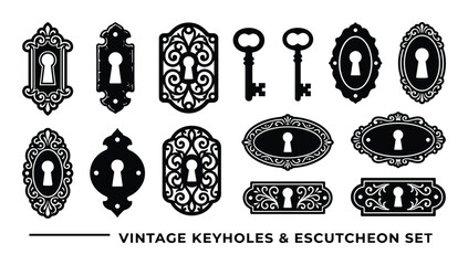 Vintage Keyholes and Escutcheon Set. Black Keys with Decorative Ornate Designs Collection.
