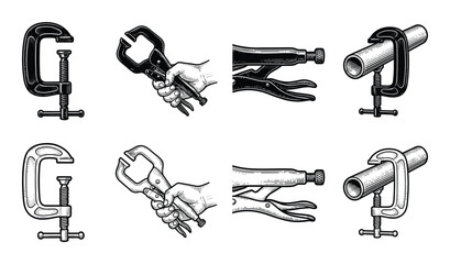 Vintage tool set vector illustration, C clamps, Locking pliers in hand in black and white colors line art design