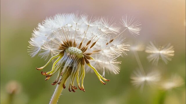 High-quality slow motion video showing fluffy dandelion seeds smoothly separating from the flower head under a gust of wind. Sunlight illuminates the fluff, creating a golden glow.