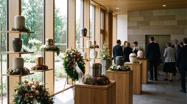 Elegant funeral service with urns, floral arrangements, and mourners present, creating a solemn atmosphere. The warm, natural light illuminates the space. 