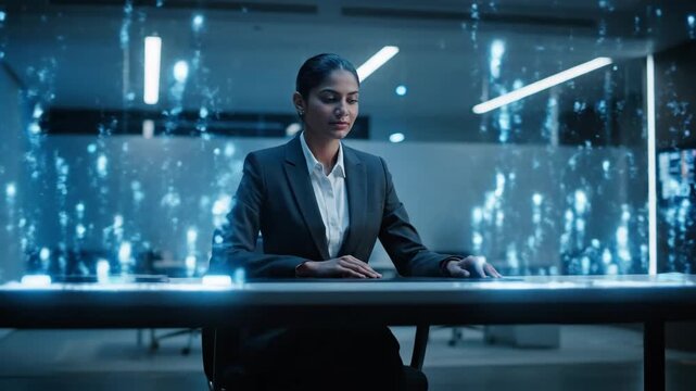 Professional woman in a suit sits at a desk in a high-tech office with abstract blue digital data flowing around her, representing advanced technology and future concepts.