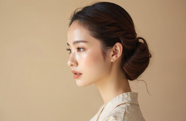 Young Asian woman profile side view studio portrait. Elegant low bun hairstyle, subtle makeup. Minimalist beige background. Clean skin, gentle expression. Beauty and wellness advertising concept.