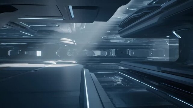 Seamless loop animation of a dark futuristic sci-fi corridor with glowing blue neon lights and abstract metallic structures. Ideal for technology, space, and virtual reality projects.