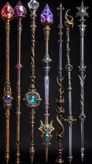 Fantasy collection of ornate staffs, showcasing gemstone details