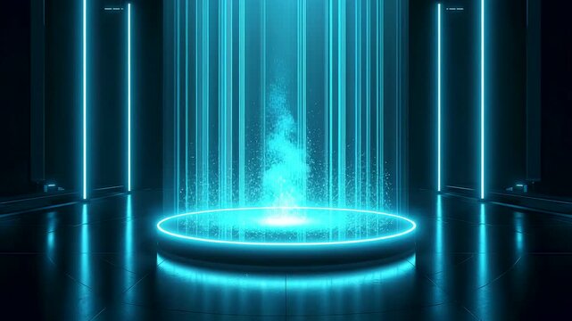 Circular glowing platform with vertical light columns and rising energy inside dark studio room