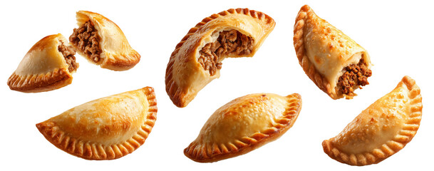 Argentina and Uruguay empanadas stacked in a pyramid, golden baked crust, meat and potato filling, isolated on white background