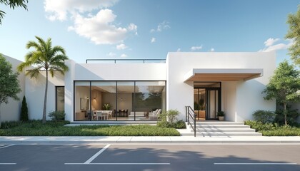 Modern white building exterior with large glass windows and rich green plants. Interior shows waiting area and conference room spaces. Clean design, welcoming atmosphere.