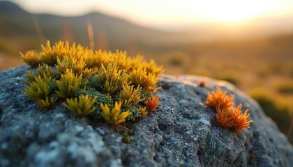 Close-up of bright yellow green and orange lichens growing on rough grey rock surface. Blurry warm sunset hills in background. Tundra flora detail macro shot.
