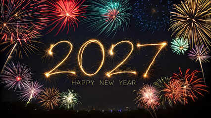 Year 2027 written in glowing sparkler typography with colorful fireworks, celebrating Happy New Year on a black night sky.