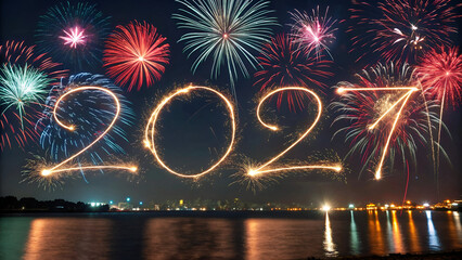 Year 2027 written in glowing sparkler typography with colorful fireworks, celebrating Happy New Year on a black night sky.