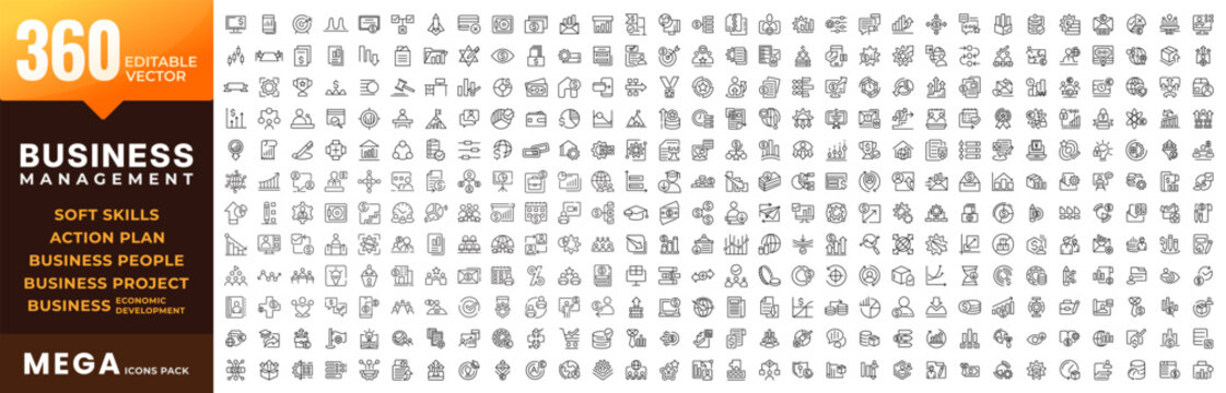 Mega business line icon big collection. Management, action plan, workshop, soft skills, economics, teamwork, project, development, office, creative, and people, vector UI icons set. Editable stroke