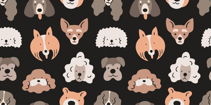 Funny smiling dog animal face icon cartoon seamless pattern in flat doodle illustration style. Cute puppy pet head, black background, diverse domestic dogs breed wallpaper. Textile, fabric print.