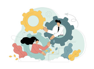Teamwork. Man and woman turning gears. Effective collaboration. Vector illustration