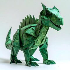 Folded paper sculpture of a green dinosaur, isolated on a white backdrop