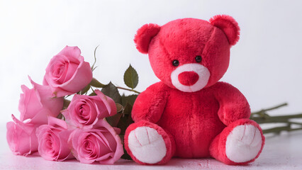 Adorable Red Teddy Bear with Pink Roses, Valentine's Day Gift, Cute Toy