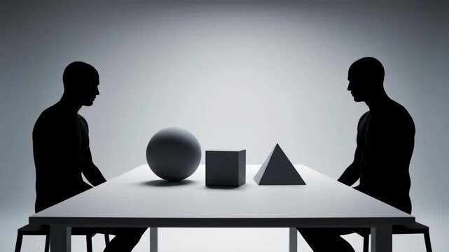 Two human silhouettes sit opposite each other, observing geometric shapes, illustrating differing perspectives.