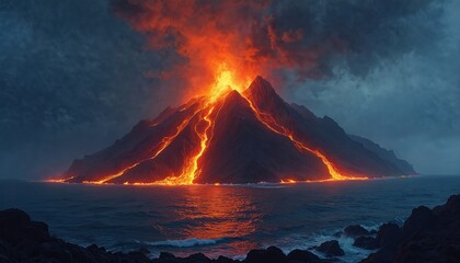 Fiery volcano erupts glowing magma into ocean. Lava streams down mountain slopes towards sea. Dark clouds gather over stormy waters. Natural disaster forms new land.