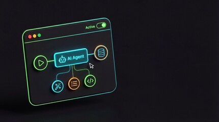 Neon glowing ai application interface on a black background with colorful icons and symbols