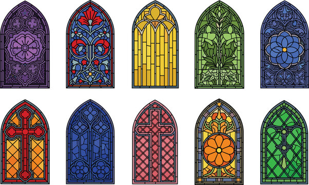 Stained glass window set illustration, colorful gothic church window designs collection, decorative religious art isolated on white background