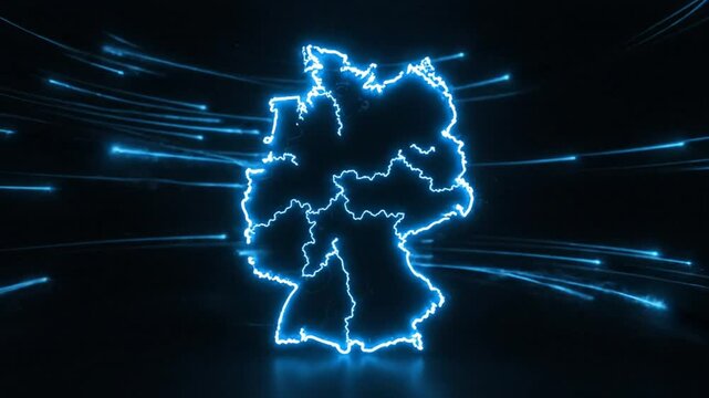 Futuristic neon outline of Germany with glowing lines and digital background, European nation concept