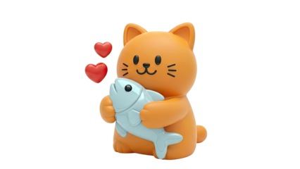 Cute Cat Holding a Fish with Hearts