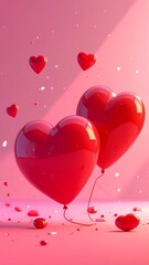 Glossy red heart-shaped balloons float against a pink backdrop