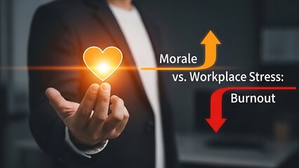 Businessman holding glowing heart symbol representing morale vs workplace stress