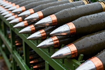 155mm artillery shell mounted on military combat vehicle platform, showcasing heavy firepower, armored defense technology, battlefield engineering, and warfare equipment displayed for exhibition.