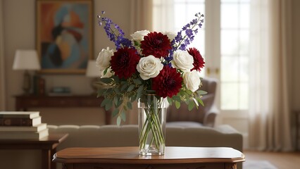 Elegant bouquet of red white roses and purple flowers in glass vase