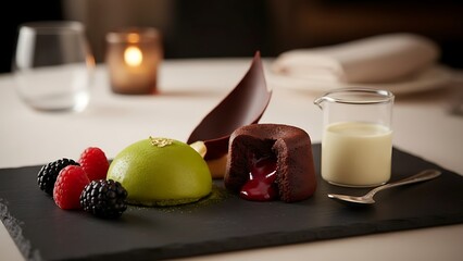 Elegant dessert platter with chocolate and berry treats on dark slate