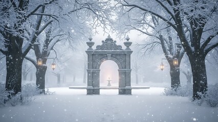 Elegant stone archway covered in fresh snow during winter evening