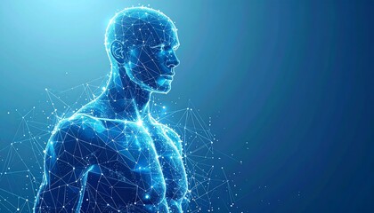 A digital representation of a human male figure, constructed from glowing blue lines and nodes, set against a gradient background