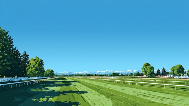 Vast racetrack scene bathed in daylight, featuring lush green grass and a cloudless sky