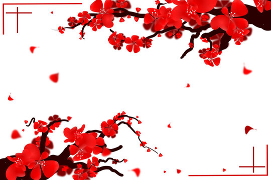 Template card with plum blossom frame illustration background, Cherry bloom festive design.