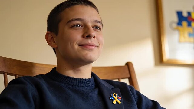 A young man with a short haircut smiles while sitting in a wooden chair, wearing a blue sweater and an autism awareness ribbon pin.