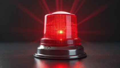 Bright red emergency light flashes on dark background. Rotating beacon emits bright rays indicating urgent warning. Siren buzzer indicates danger. Safety alert equipment signals emergency.