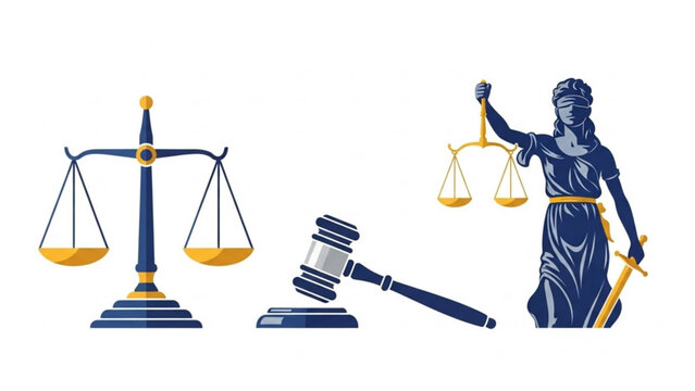Justice symbols collection including scales of justice gavel and Lady Justice statue flat vector illustration for legal concepts