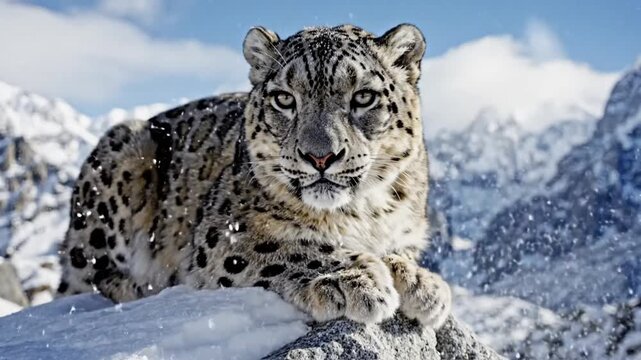 Snow leopard resting on snowy rock with mountain landscape background