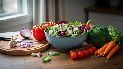 Fresh vegetables and ingredients prepared for healthy salad meal